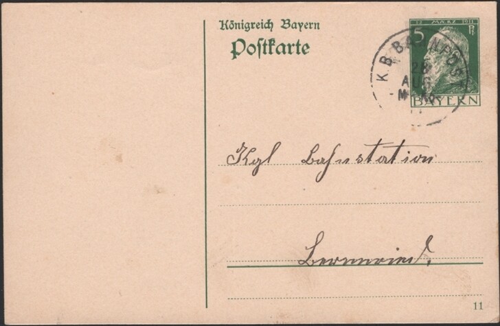 BAVARIA, 1911. Post Card P87 I, K.B. Bahnpost