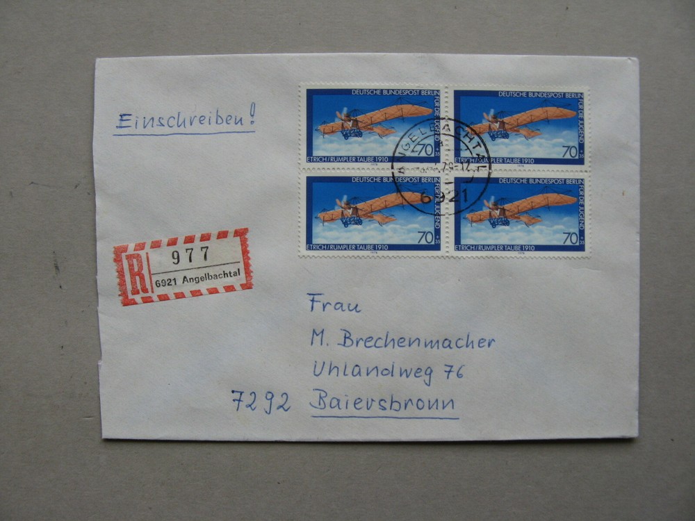 GERMANY BRD, R-cover 1979, block of 4 Für die Jugend 70 Pf, ancient aircraft