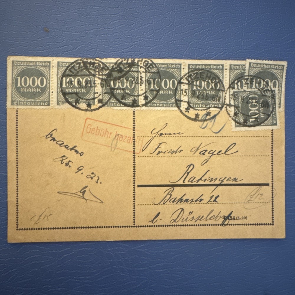 1923 Weimar Republic Hyperinflation Postal Card – Itzehoe Strip of 8 Stamps