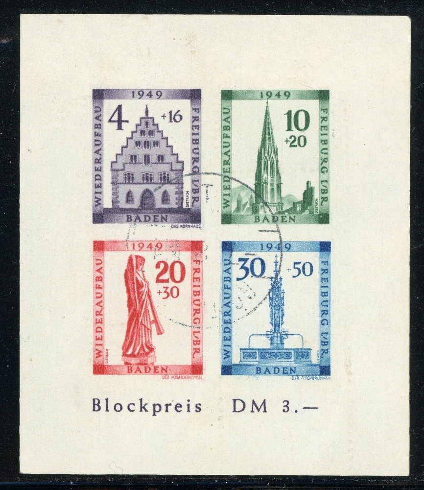 Germany 1949 Baden Freiburg Reconstruction Sheet Sc# 5NB8b IMPERF Block VFU F141