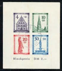 Germany 1949 Baden Freiburg Reconstruction Sheet Sc# 5NB8b IMPERF Block VFU F141