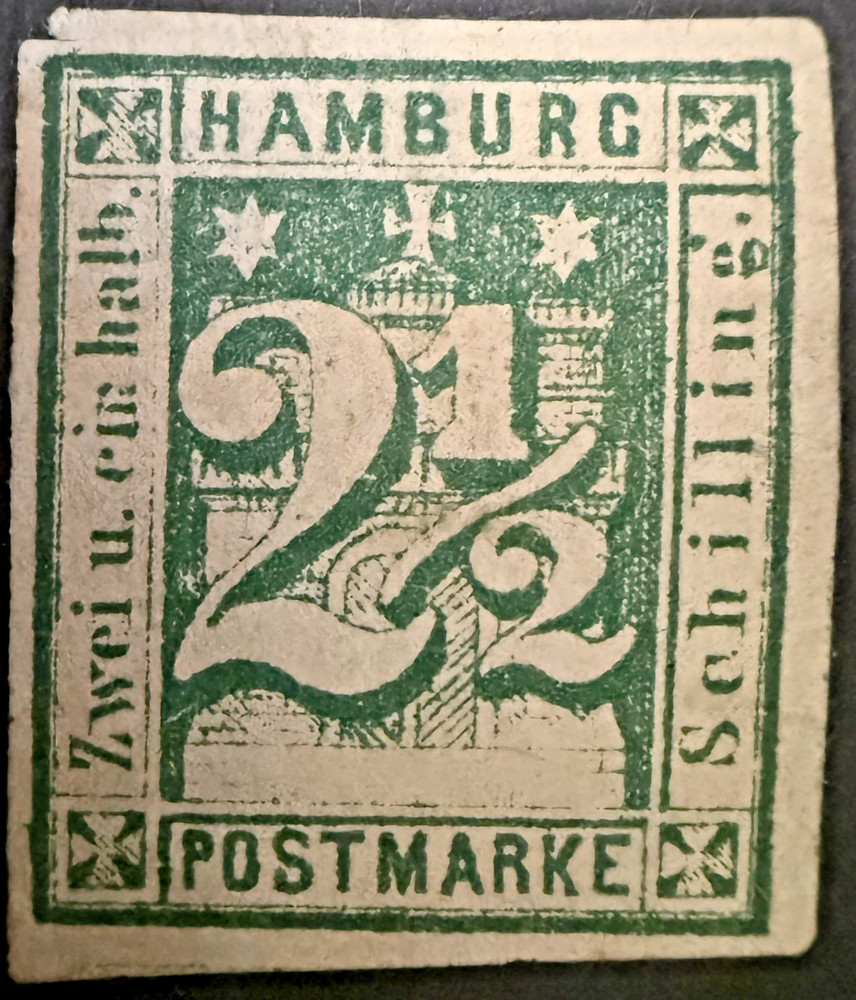 German states, Hamburg stamp 1864 SG18 2 1/2s green, MLH, 4 margin, SG Cat £225