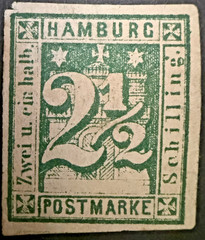 German states, Hamburg stamp 1864 SG18 2 1/2s green, MLH, 4 margin, SG Cat £225