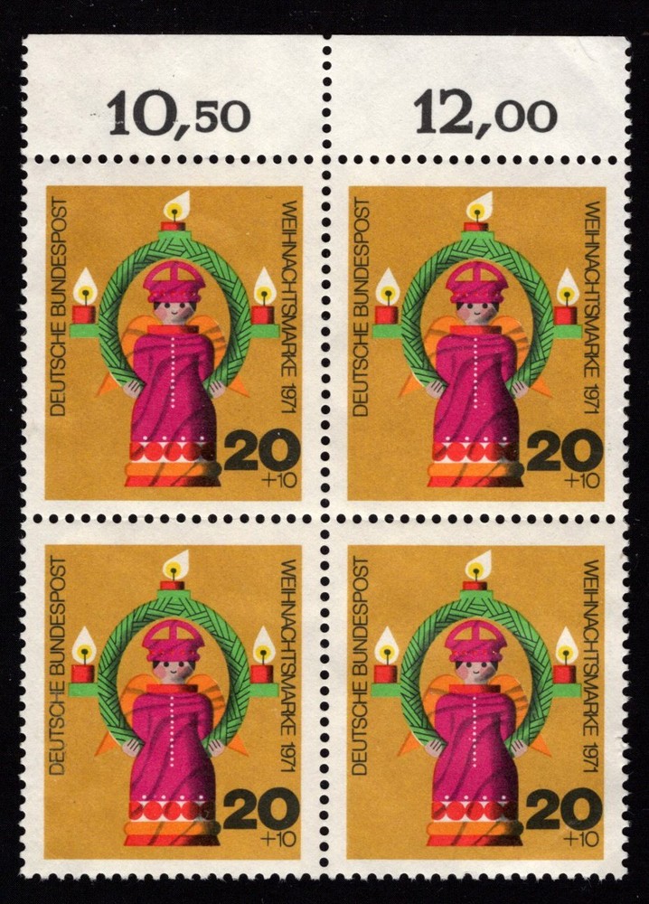 Germany Plate Block Stamps, NH/NG, Christmas 1971 Stanley Gibbons German #1611