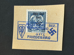 SUDETENLAND WWII-GERMAN OCC. Local ovpt FRIEDEBERG Ble stamp, on pap. 2 Kc. #626