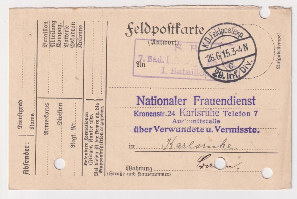 WW1 Germany National Women’s Service Wounded and Missing 1915 Enquiry Reply Card