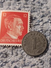 1942 German penny ~ 1 Pfenning ~ km#97 , WW2 Germany ~ + Red 12pf. Stamp