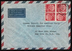 Two Covers German to USA 1958 bearing 3 and 4 copies of Heuss 20 ph red SC 710