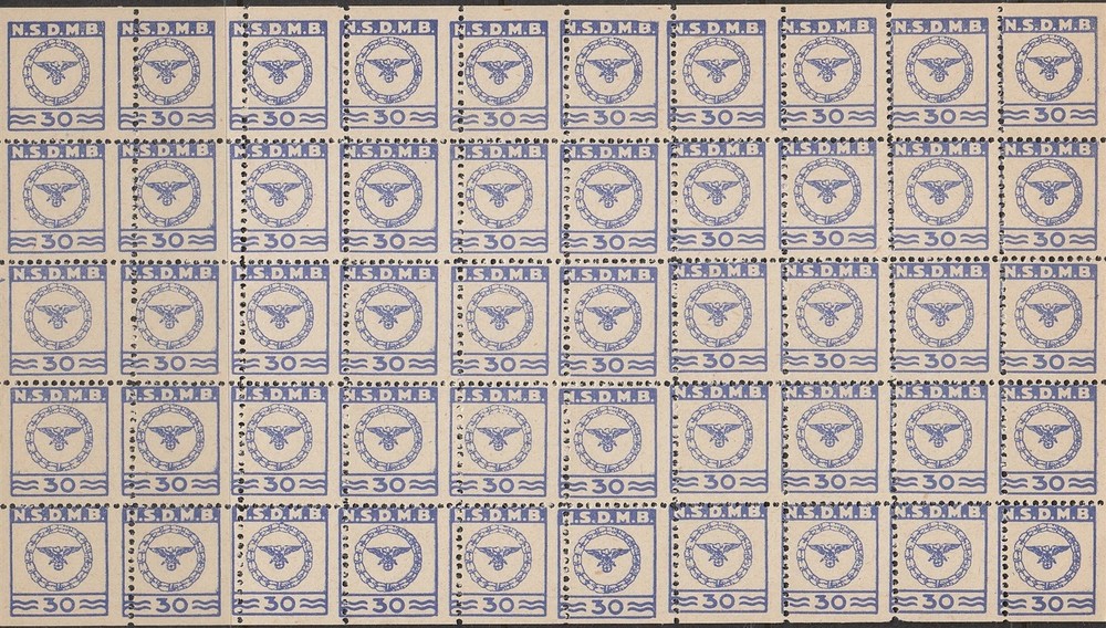 Authentic Stamp Germany Revenue Sheet WWII NSDMB Error Perforation 30 MNH