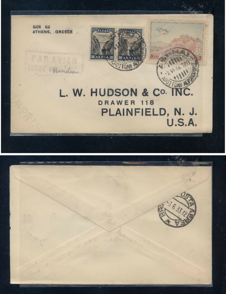 Greece C3 on cover to L.W Hudson 1933
