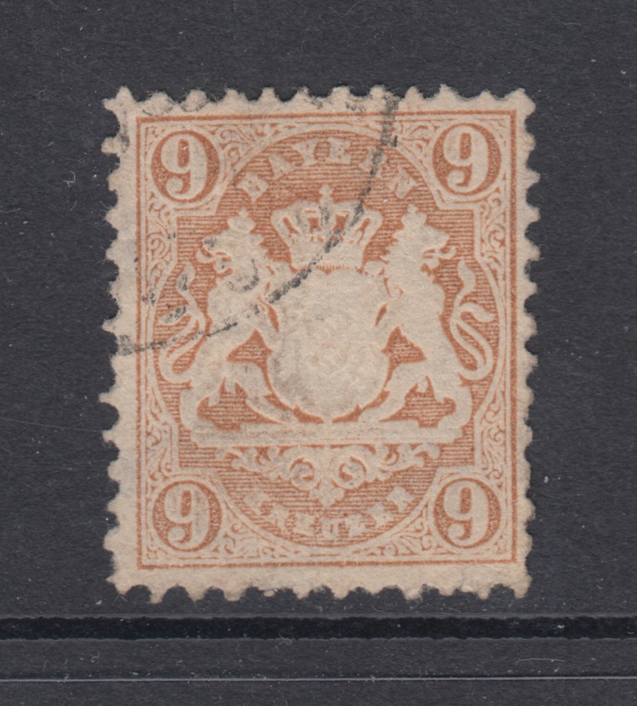 Bavaria Sc 27a used 1872 9kr embossed Coat of Arms, scarce, almost VF