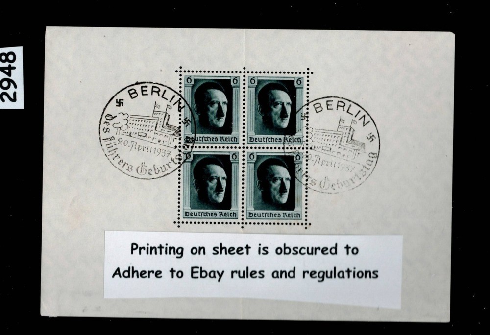 Stamp sheet B102 1937 Adolf’s Birthday Berlin Germany cancel 4/20/37 #2948