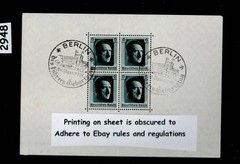 Stamp sheet B102 1937 Adolf’s Birthday Berlin Germany cancel 4/20/37 #2948