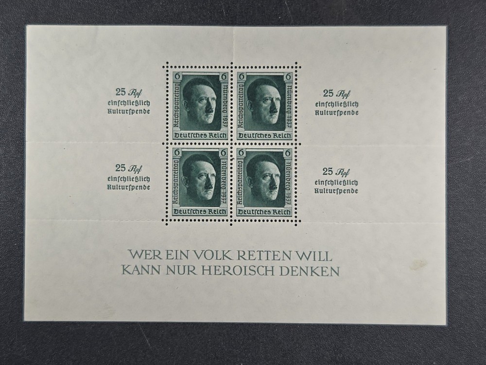 1937 GERMANY Hitler Souvenir Sheet – Scott #B106 Nuremburg overprint – MH
