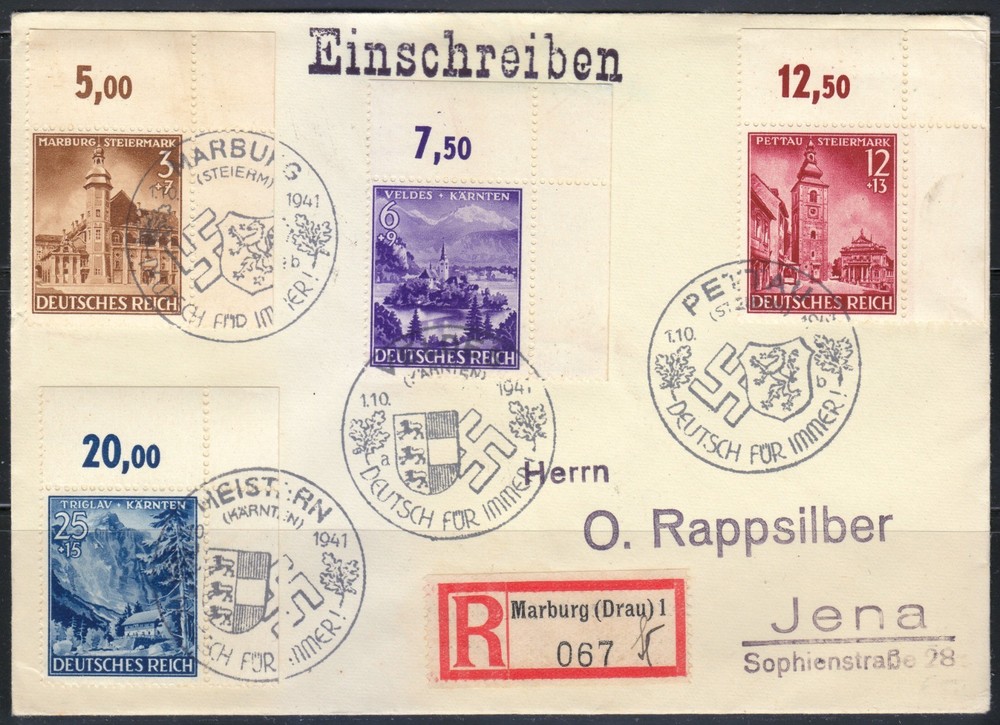 Germany 1941 Registered Cover Marburg Drau Steiermark to Jena Michel 806-809 Set