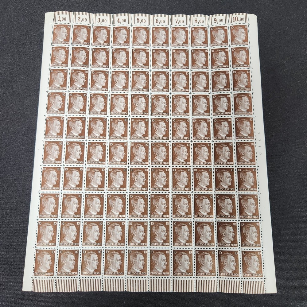 1941 10 Pfenning German Adolph Hitler Full Stamp Sheet WW2 Third Reich