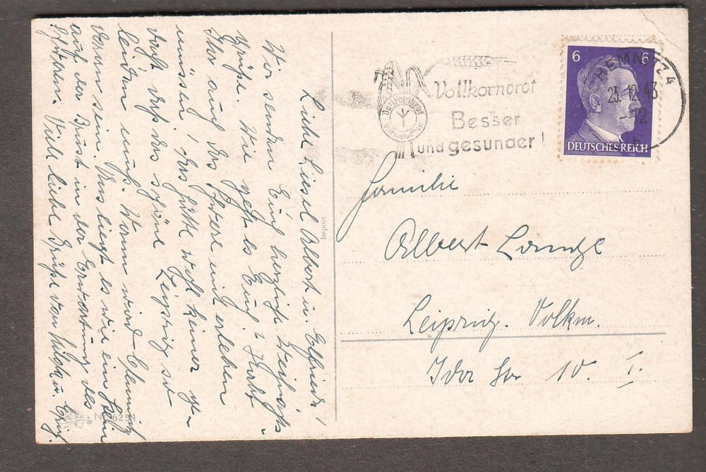 Germany 1943 WWII post card Chemnitz to Leipzig/Vollkornorot Besser und gesunaer