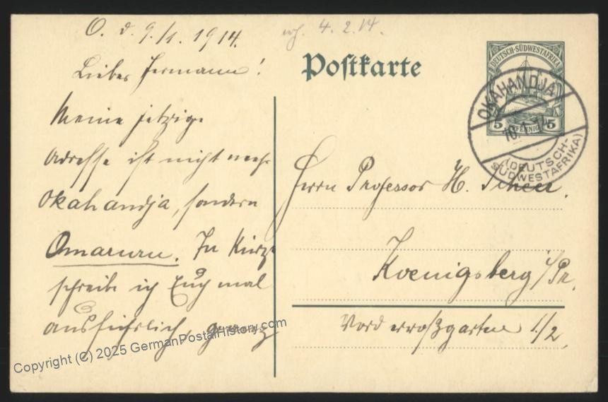 Germany 1914 SW Africa OKAHANDJA DSWA Postal Cover Koenigsberg 113247