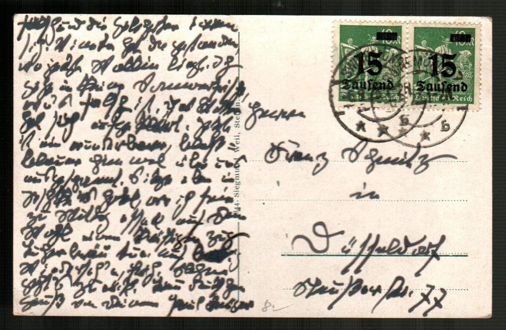 GERMANY Scott’s 243 ( 1923 ) 15th m on 40m Surcharge F/VF Used Pair on Postcard