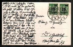 GERMANY Scott’s 243 ( 1923 ) 15th m on 40m Surcharge F/VF Used Pair on Postcard