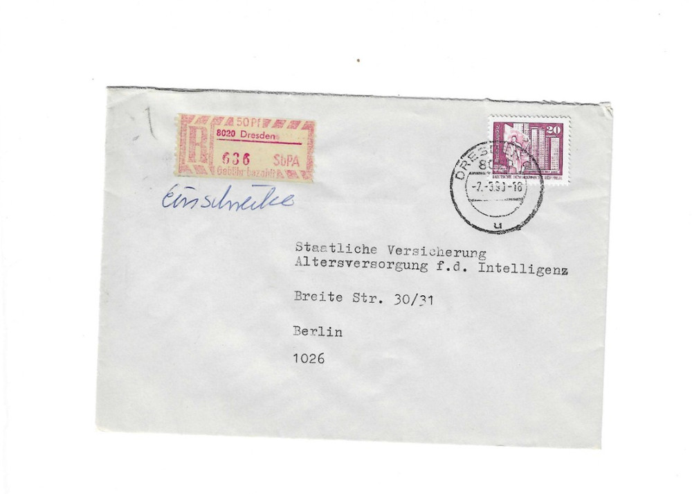GERMANY 1990 Registered (50 Pf) Cover sent from Dresden to Berlin