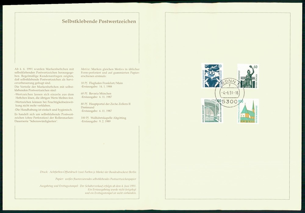 GERMANY FOLDER 1991/SB SONDERAUSGABE DAUERSERIE SWK SELBSTKLEBEND