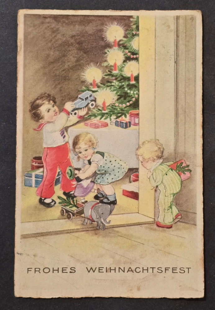 WW2 German Third Reich Christmas Greetings Postcard Kinder Tree Toys