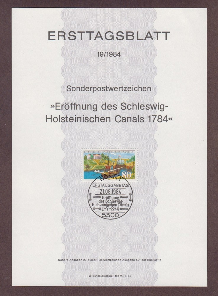 Ersttagsblatt 19/1984. Eroffnung des Schleswig-Holsteinischen Canal 1784.