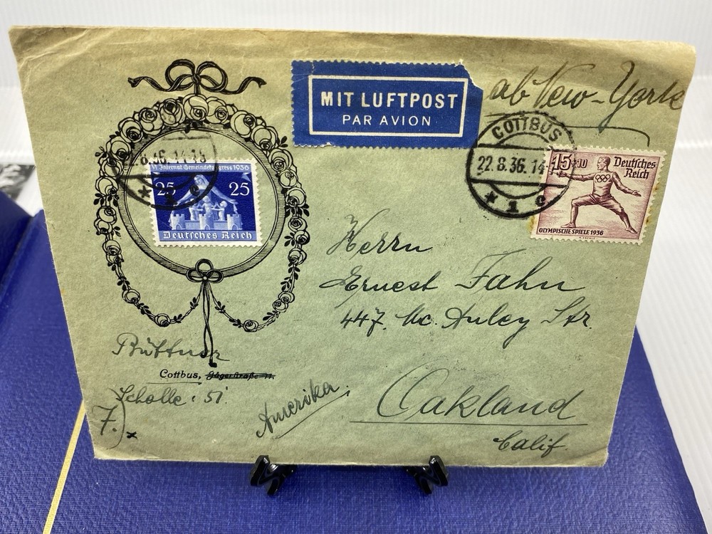 1936 Germany Koln, Bahnpostamt 10, Airmail, Highly likely Zeppelin carried/ USA