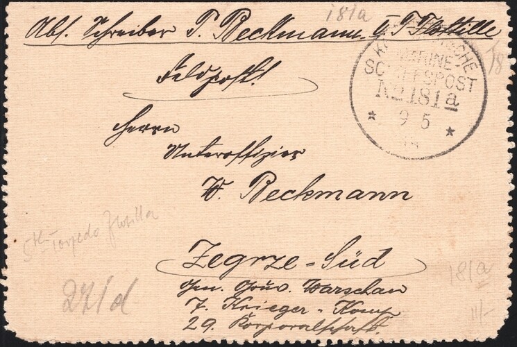 GERMANY, 1915.Card Front Marine Schiffspost No.181a, Torpedo Boat