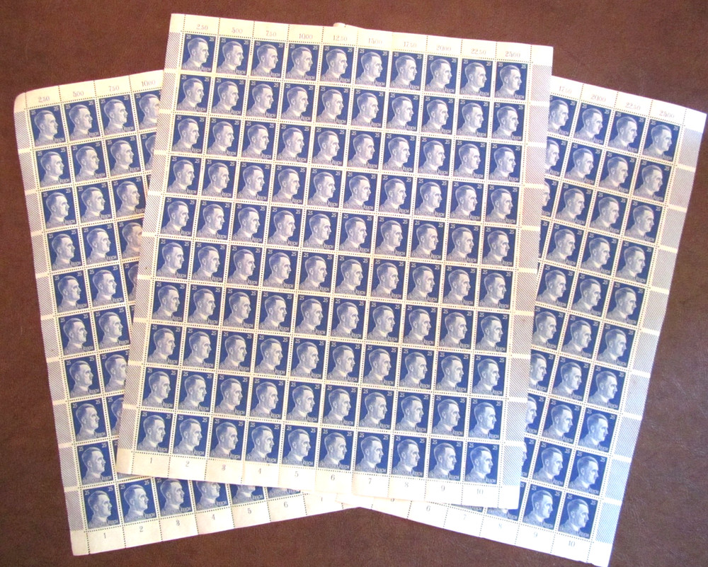 Deutsches 3rd Reich German Hitler 3 Full Sheets Stamps Hitler Head 25PF