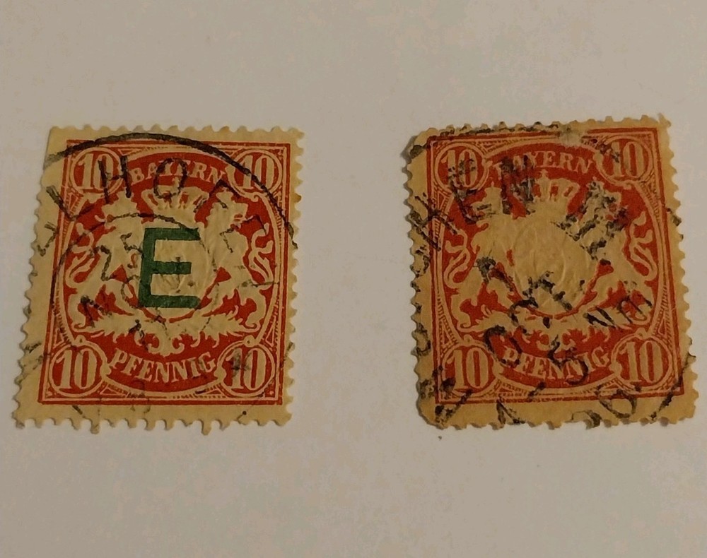 1888-1908 2- Germany Stamps. Bayern, Bavaria. 10 Pf. 1 W/ Overprint. NG.