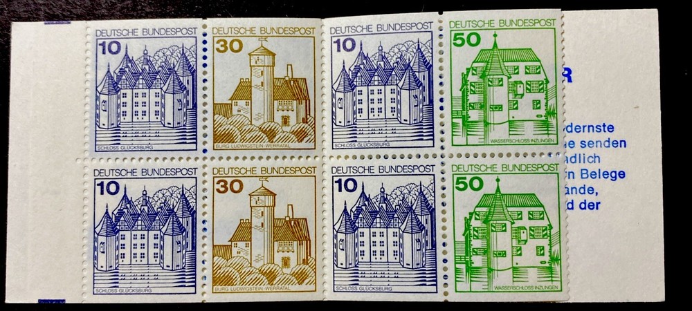 Germany #1231b Complete Booklet Pane with Cover and 8 Stamps of Castles MNH XF