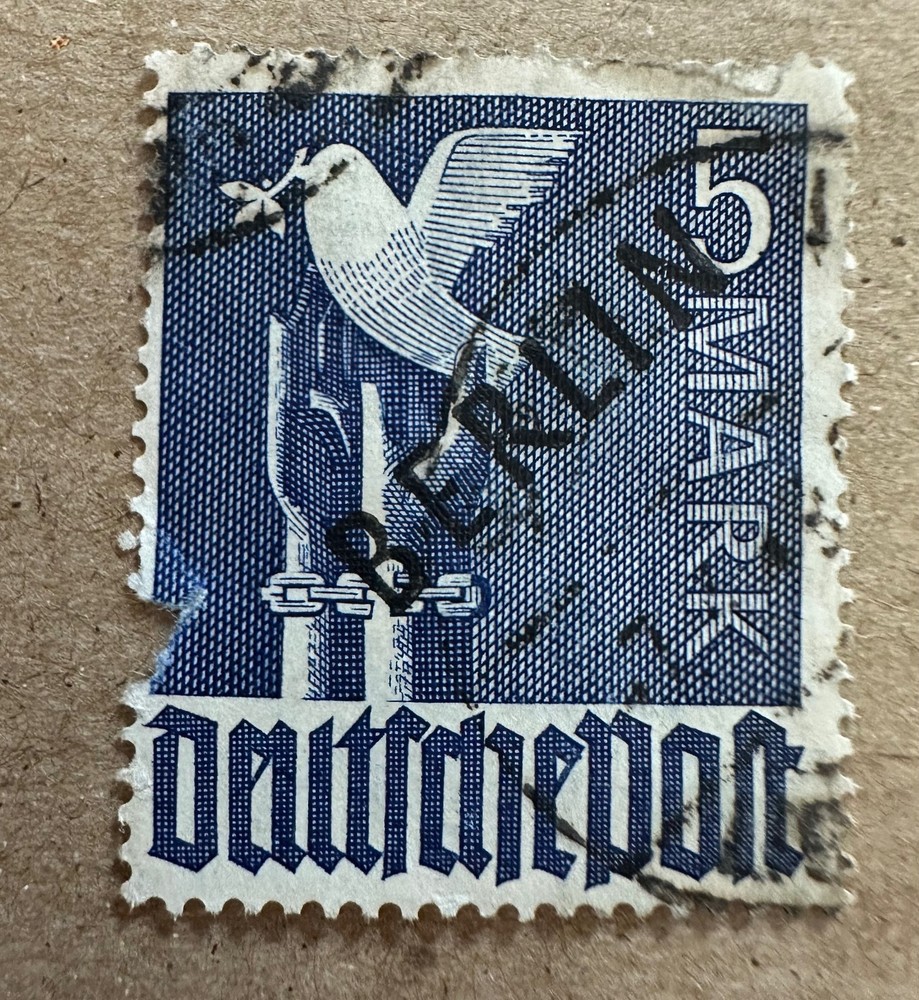 Germany 1948 Berlin overprint. 5M Dove and olive branch. Used.Fair. Scott # 9N20