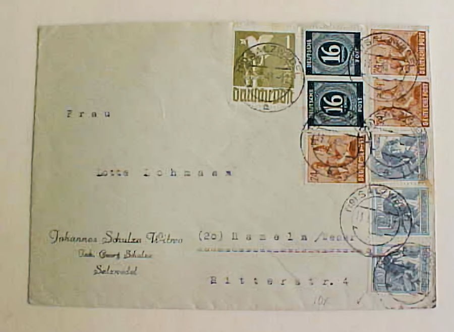 GERMAN PEACE DOVE 1M WITH 8 OTHER STAMPS 10x RATE TO GERMAN 12-7-48