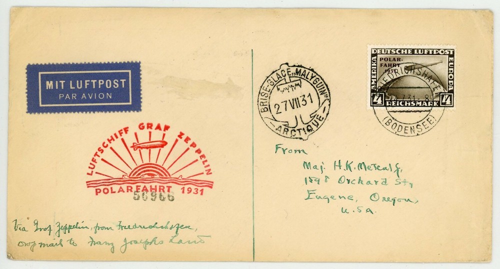 1931 Graf Zeppelin Polar Flight Cover Malyguin Arctic Cachet Friedrichshafen USA