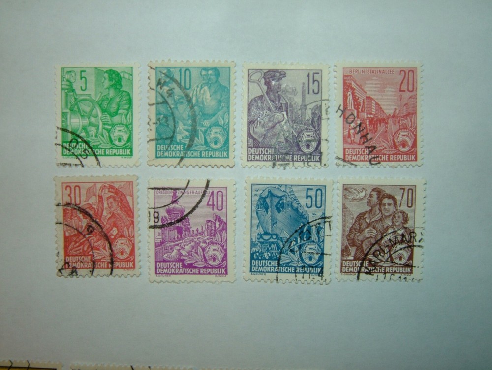 1957-60 EAST GERMANY/DDR 5 YEAR PLAN WMK E100 STAMPS x 8 VFU (sgE310A/19A)