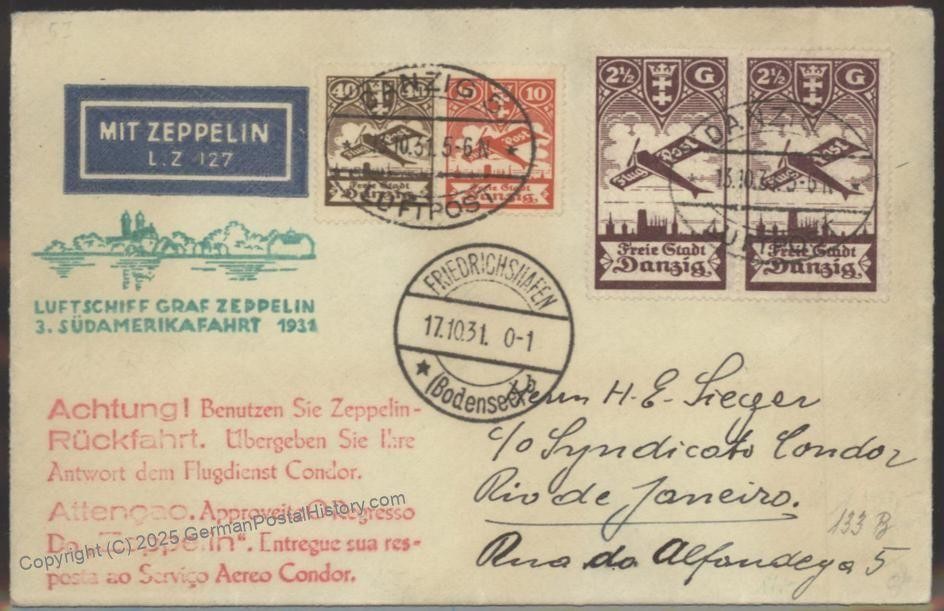 Danzig 1931 Poland Germany Graf Zeppelin 3.SAF Registered Mi229a Cover F 107022