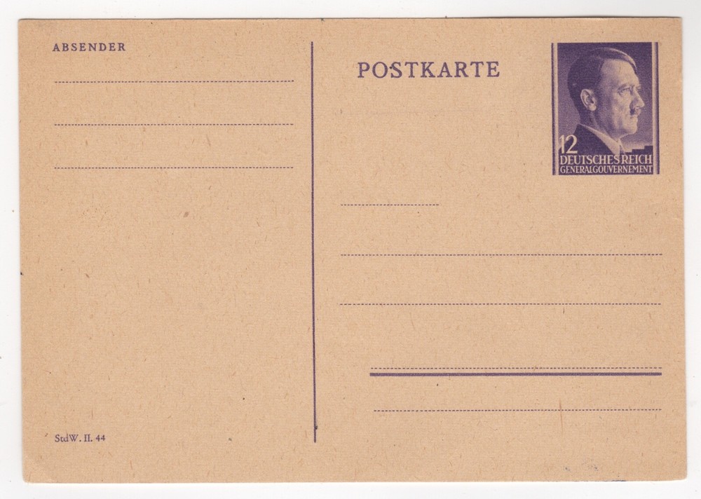 1944. Occupation Postal Card. Poland, 12Gr Violet. H&G 61.