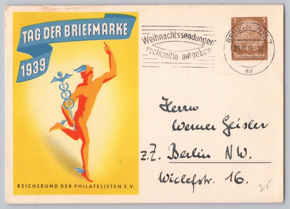 Germany 1939 Tag der Briefmarke Postal Stationery Berlin. Posted