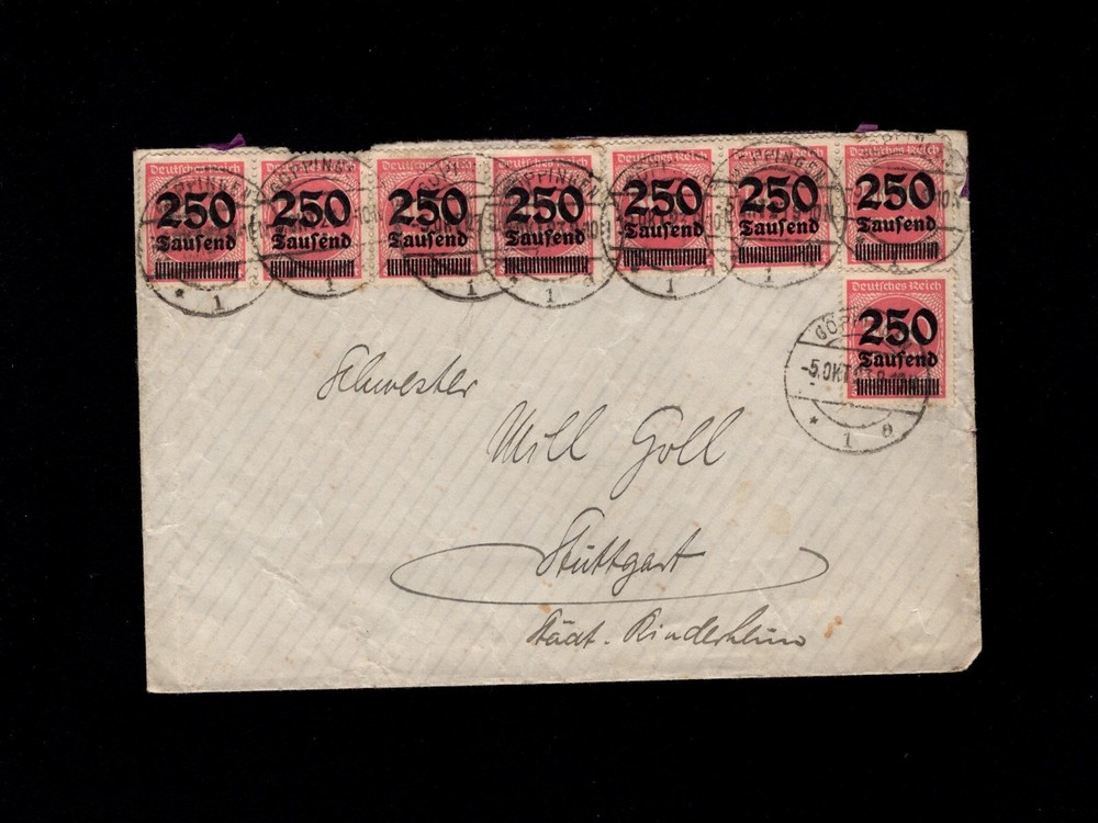 Germany Inflation Era Göppingen 1923 Overprint 250 Thousand Marks x 8 Cover 9o
