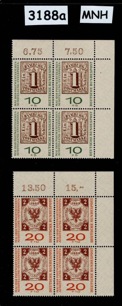 MNH stamp block B366-367 Bundespost 1959 Hamburg & Lubeck Germany #3188a