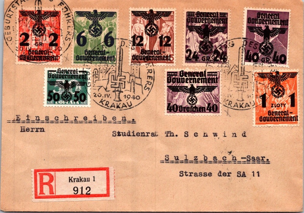 GERMANY 1940 WW2 POLAND OCCUP REG COVER MULT FRANK ADDR SULZBACH POSTMARK KRAKAU