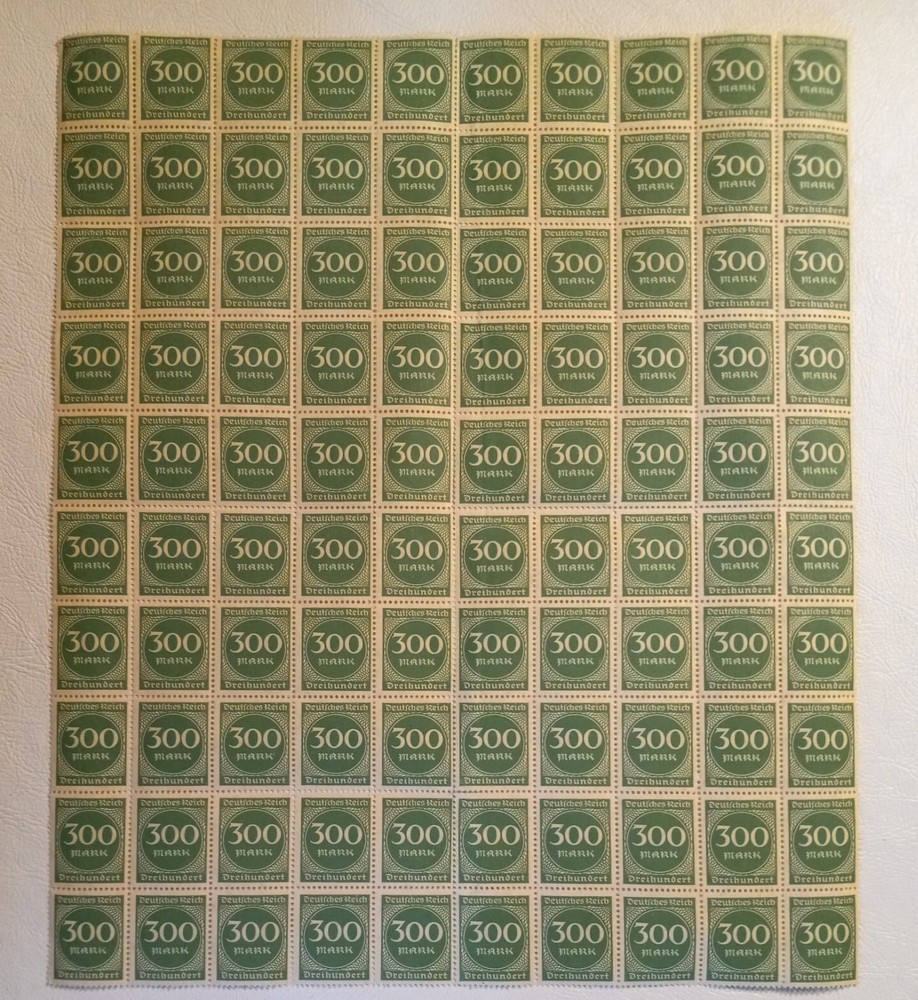 Full Sheet Of 100 Stamps, 300m Mark Deutsches Reich, Germany 1923, MNH SG#263