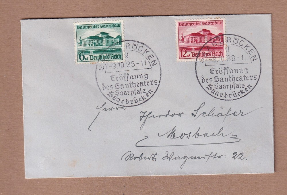 Germany Scott# B121 & B122 – Oct 9 1938 First Day cover – Saarbrücken Theater