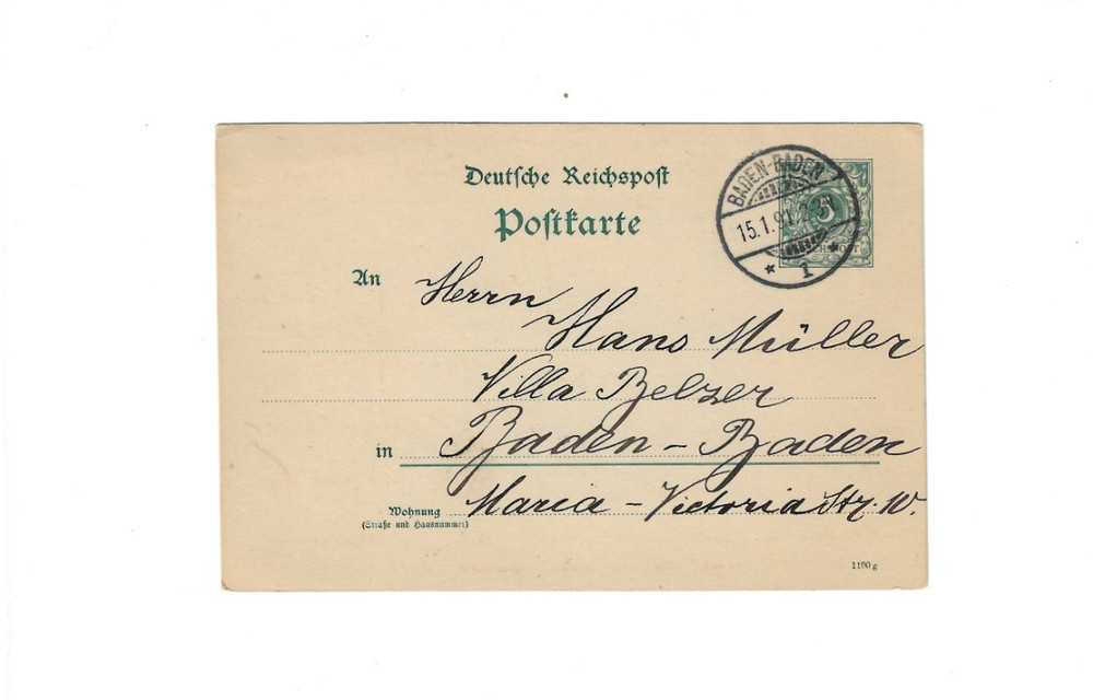 GERMANY 1897 Post Card sent from Baden-Baden – local