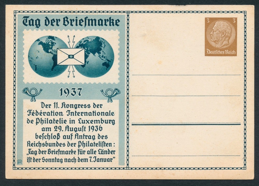 Germany 1937 Tag der Briefmarke Postal Card Day of the Stamp FIP Hindenburg Mint