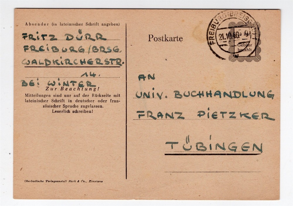 FREIBURG GERMANY 1946 POSTAL STATIONERY CARD GEBUHR BEZAHLT USED