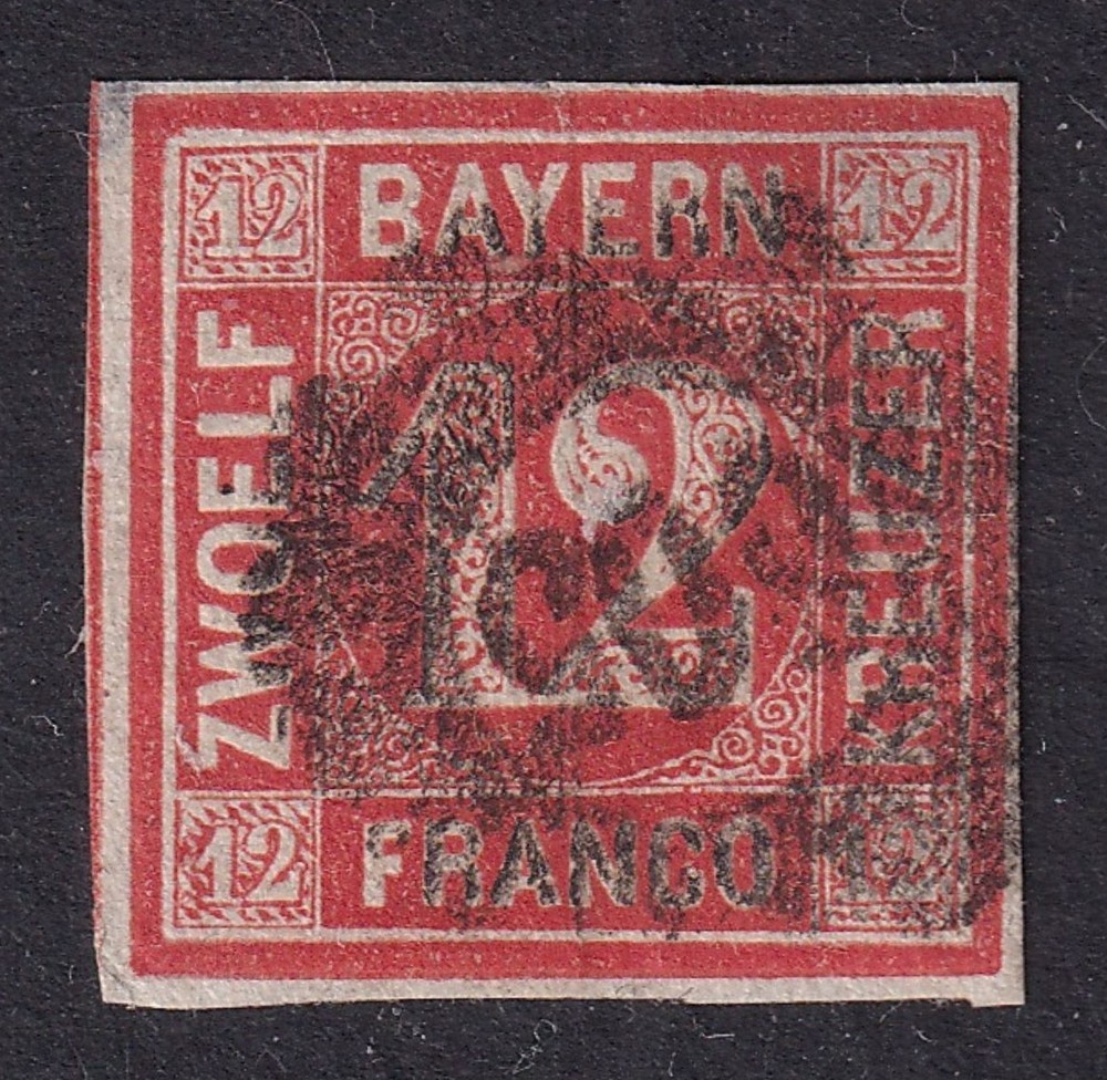 BAVARIA 1858 Numeral 12k Red SG 18 Used (CV £225)