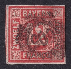 BAVARIA 1858 Numeral 12k Red SG 18 Used (CV £225)